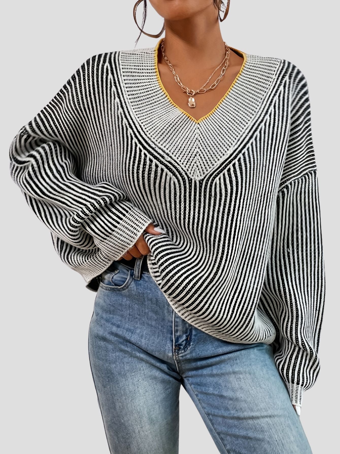 Striped V-Neck Sweater Drop Shoulder Bubiana