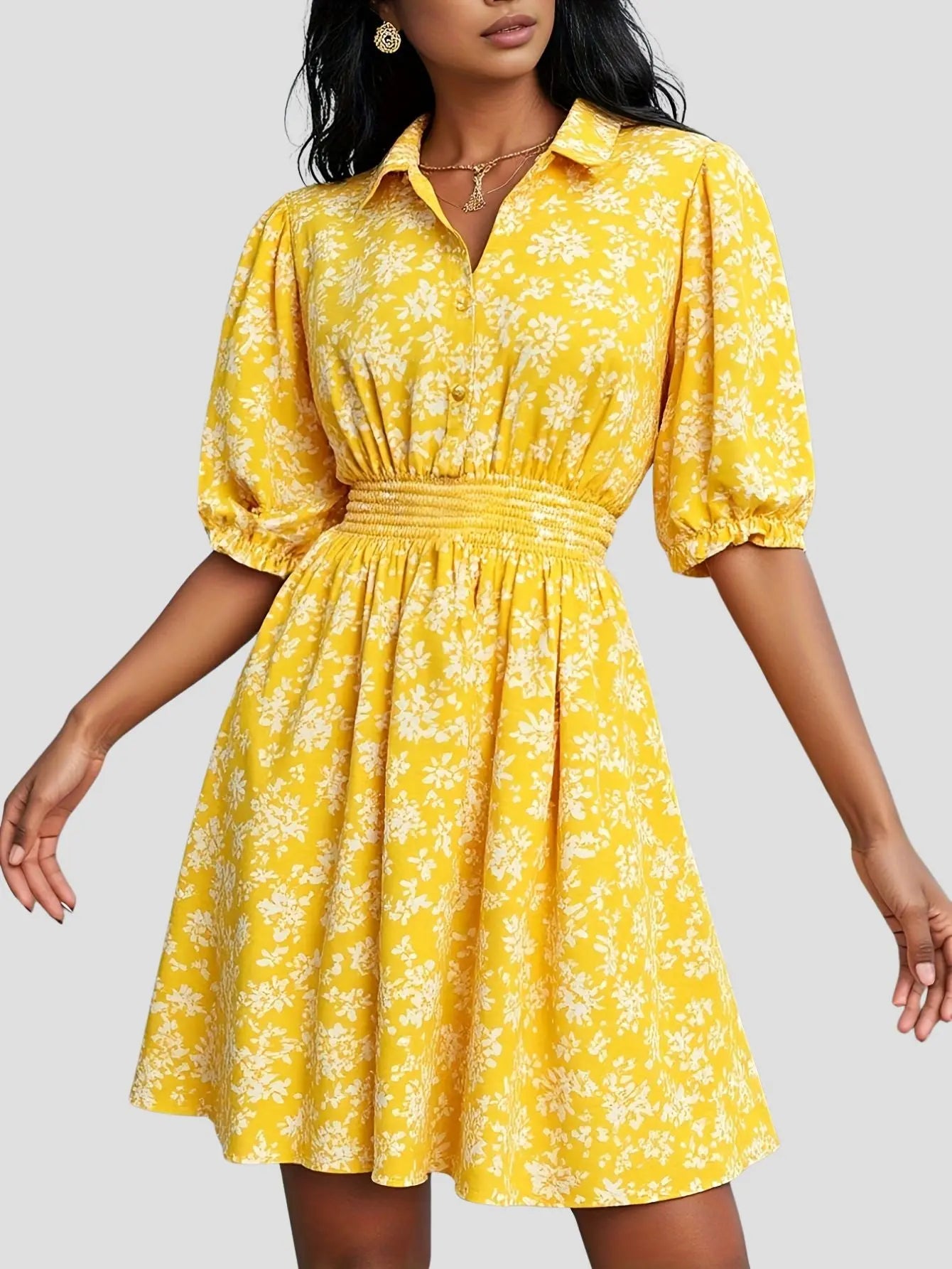 Floral V-Neck Mini Dress Ruffled Hem Bubiana