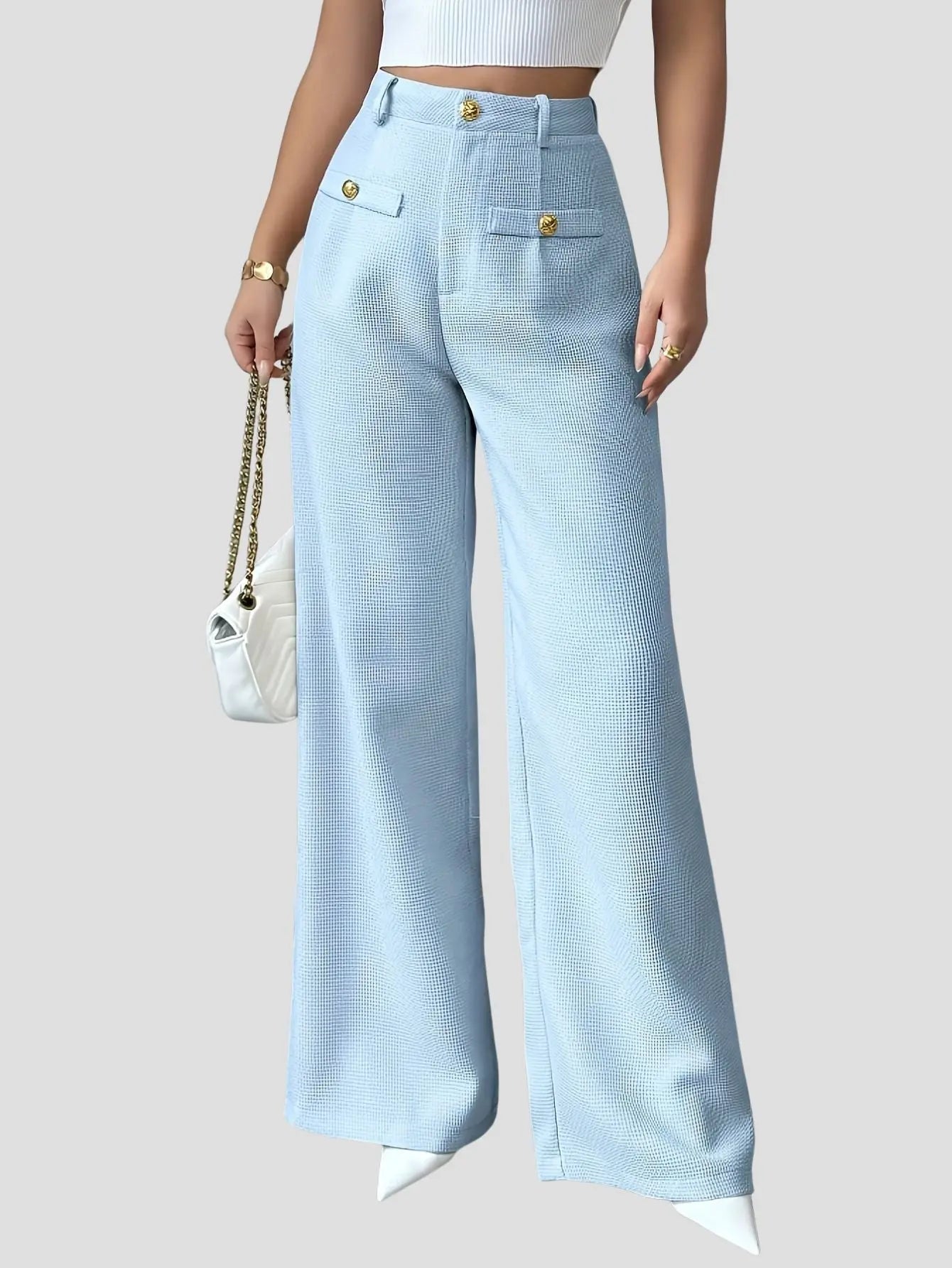 High-Waisted Wide-Leg Pants Button Detail Bubiana