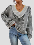 Striped V-Neck Sweater Drop Shoulder Bubiana