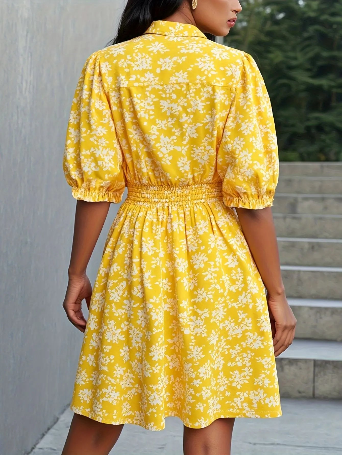 Floral V-Neck Mini Dress Ruffled Hem Bubiana