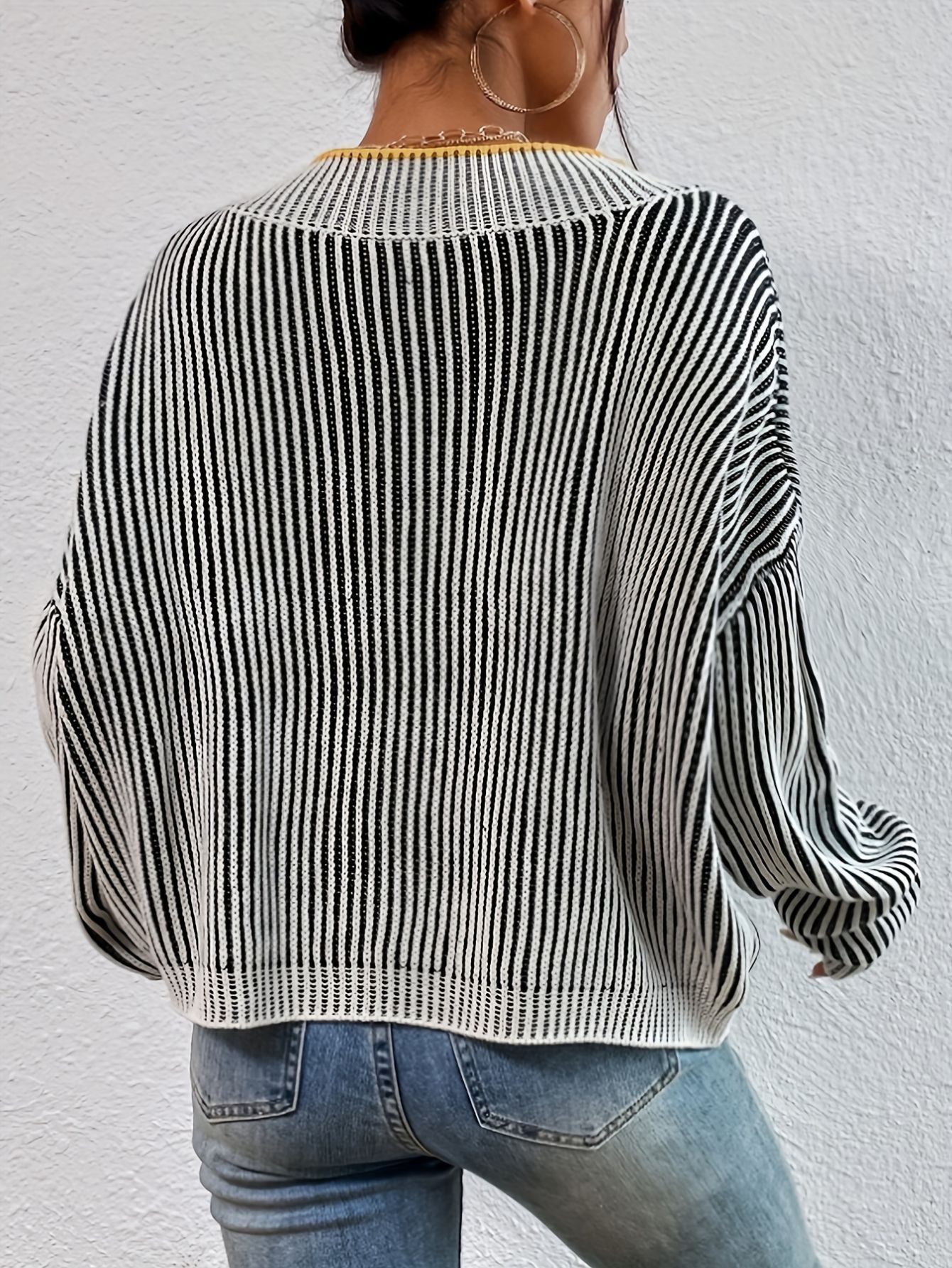 Striped V-Neck Sweater Drop Shoulder Bubiana