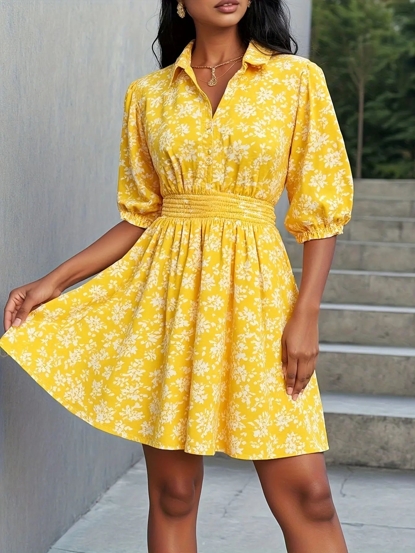 Floral V-Neck Mini Dress Ruffled Hem Bubiana