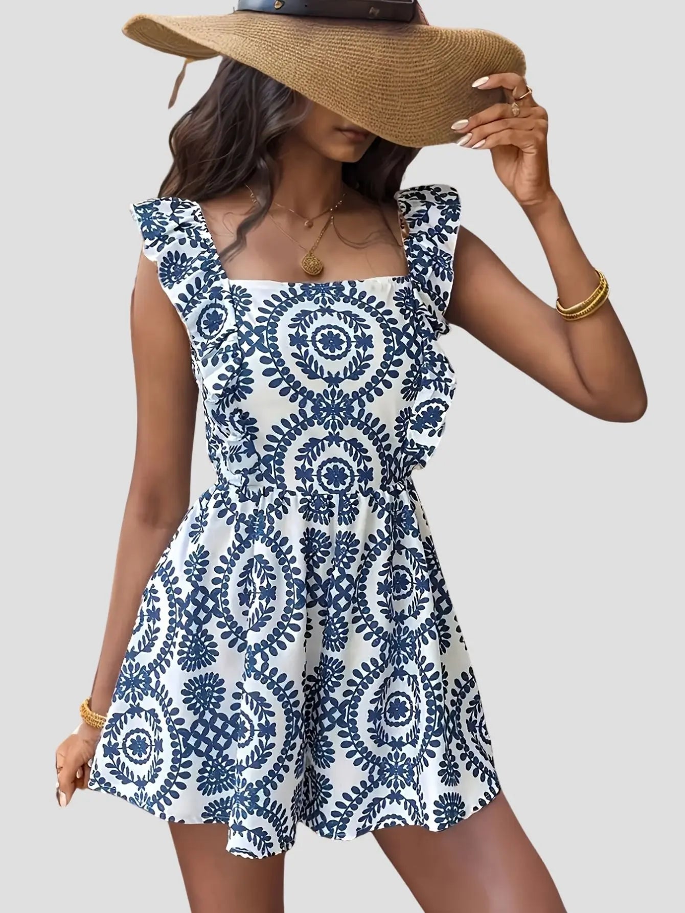 Floral Jumpsuit Ruffle Hem Sleeveless Bubiana
