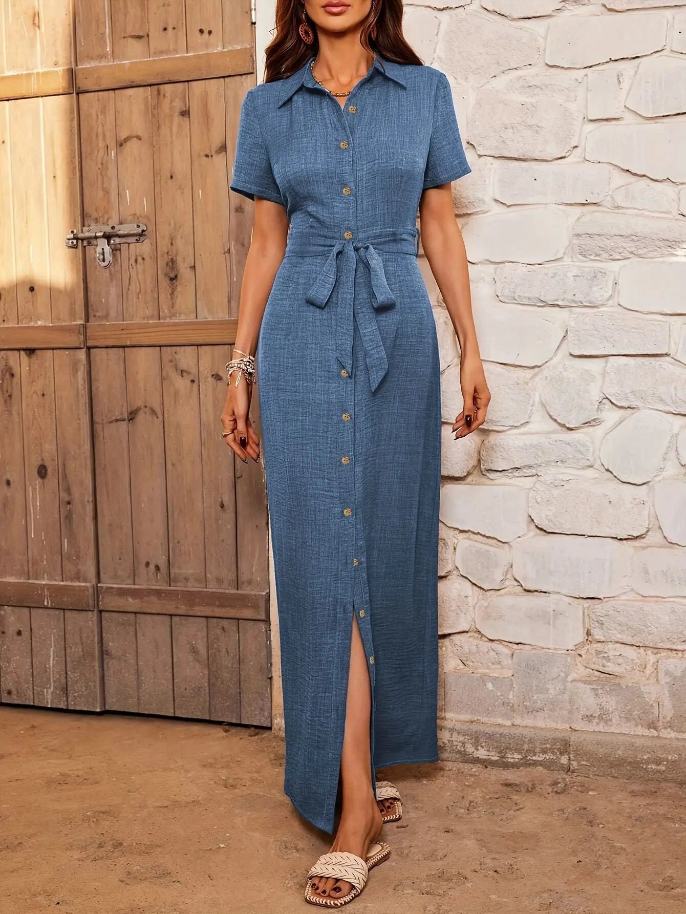 Short Sleeve Maxi Dress with Belt Bubiana