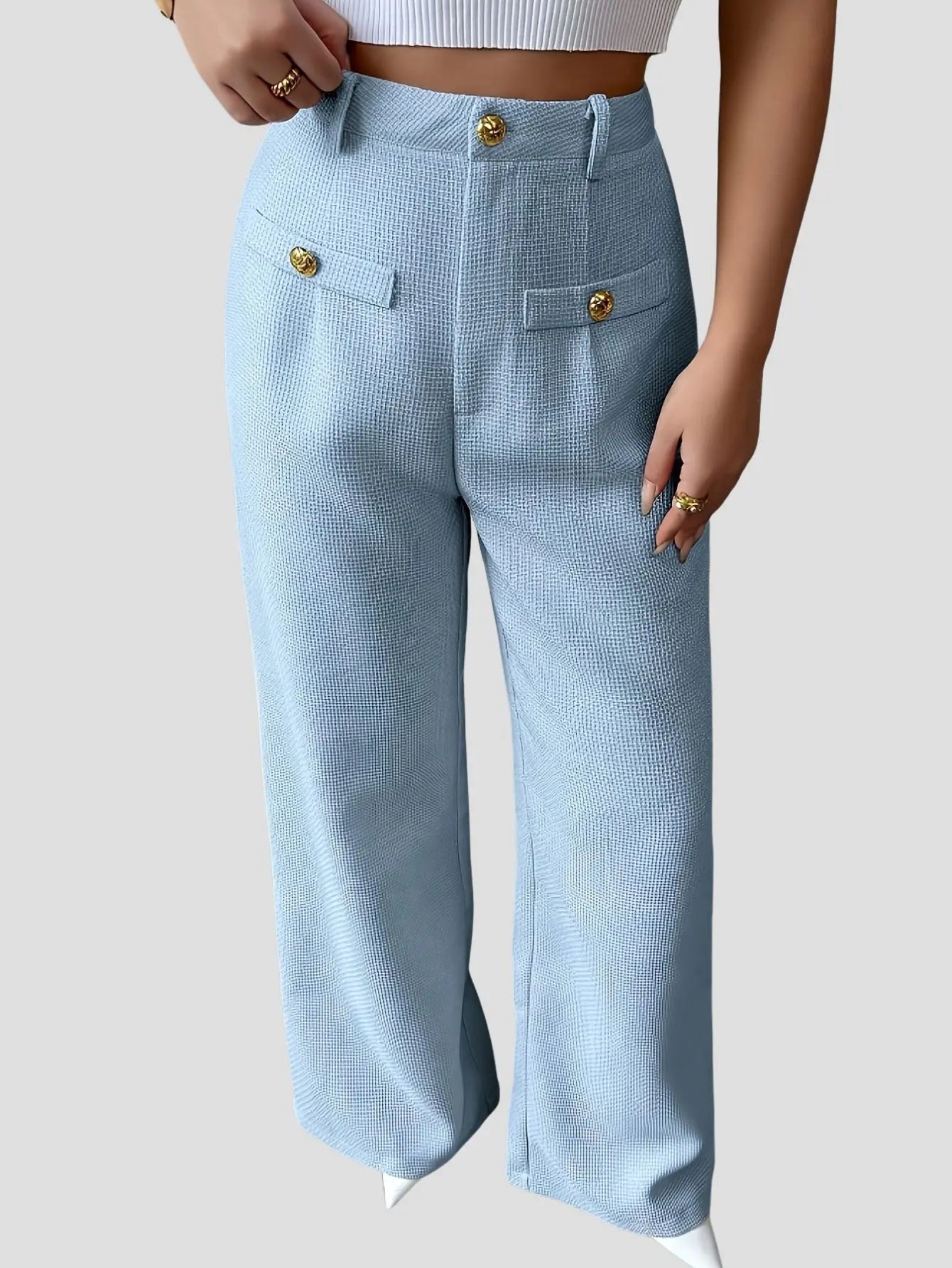 High-Waisted Wide-Leg Pants Button Detail Bubiana