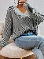 Striped V-Neck Sweater Drop Shoulder Bubiana