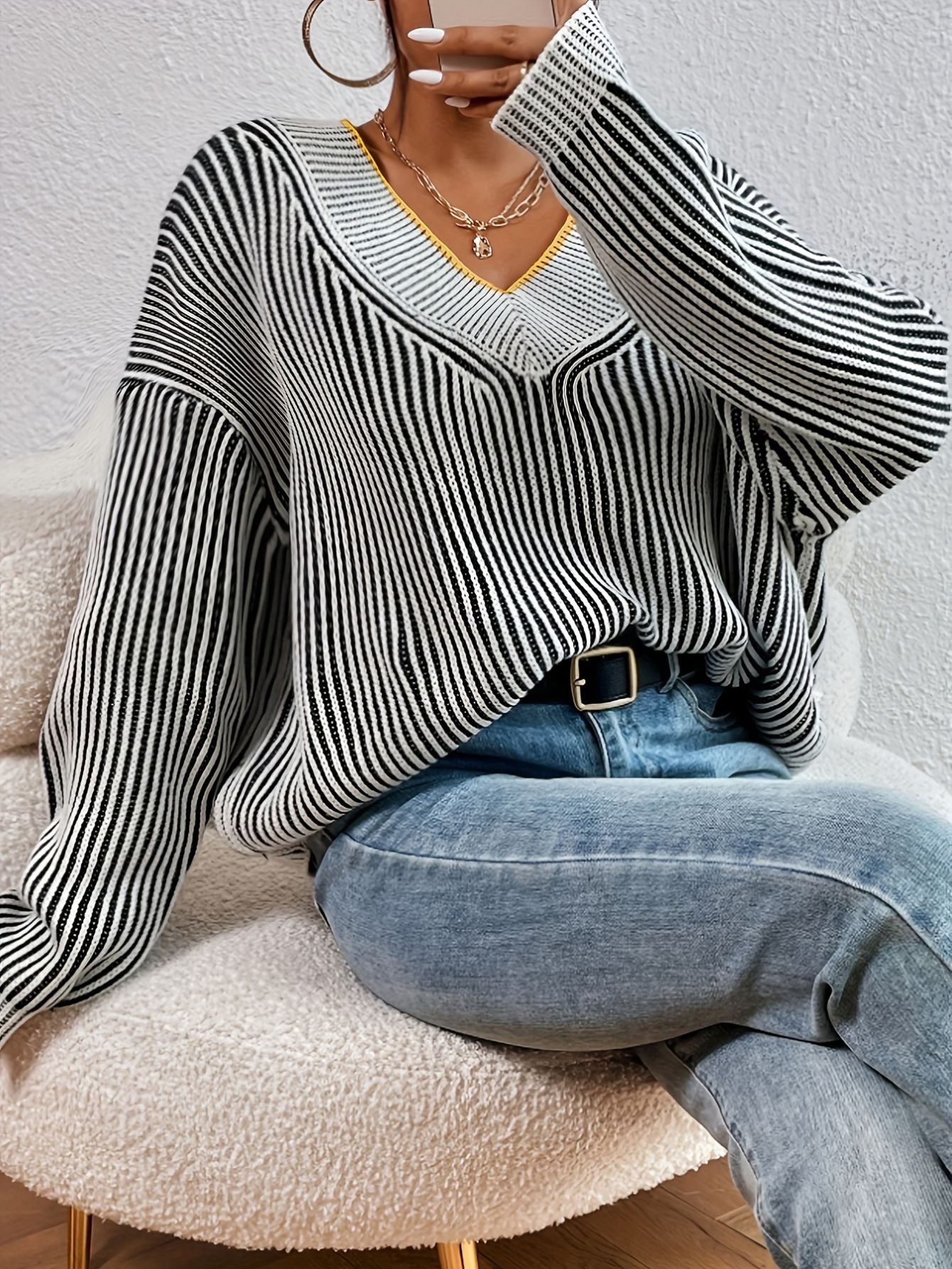 Striped V-Neck Sweater Drop Shoulder Bubiana