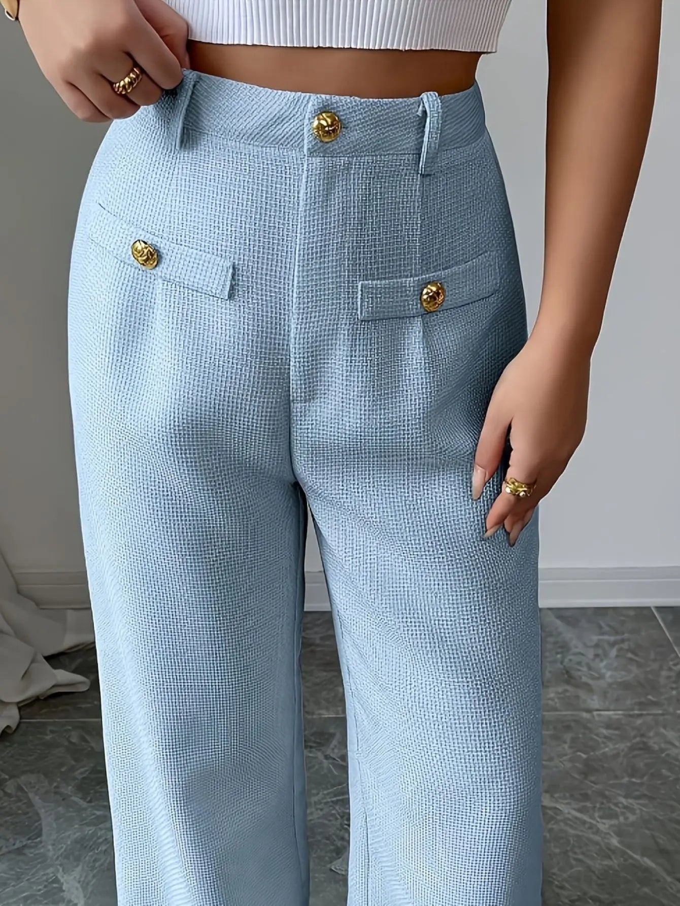 High-Waisted Wide-Leg Pants Button Detail Bubiana