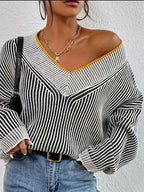 Striped V-Neck Sweater Drop Shoulder Bubiana