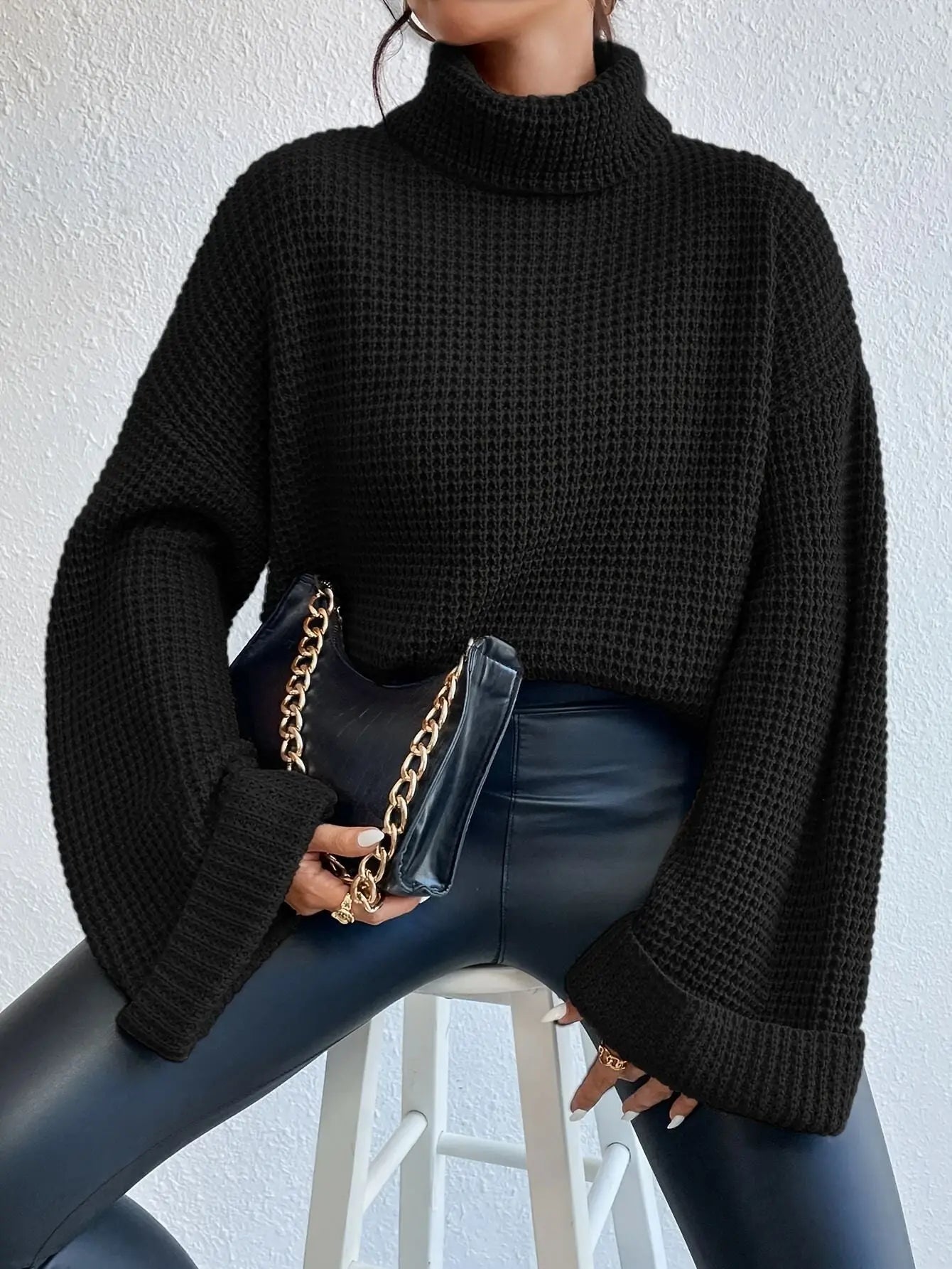 High-Neck Waffle Sweater Relaxed Fit Bubiana